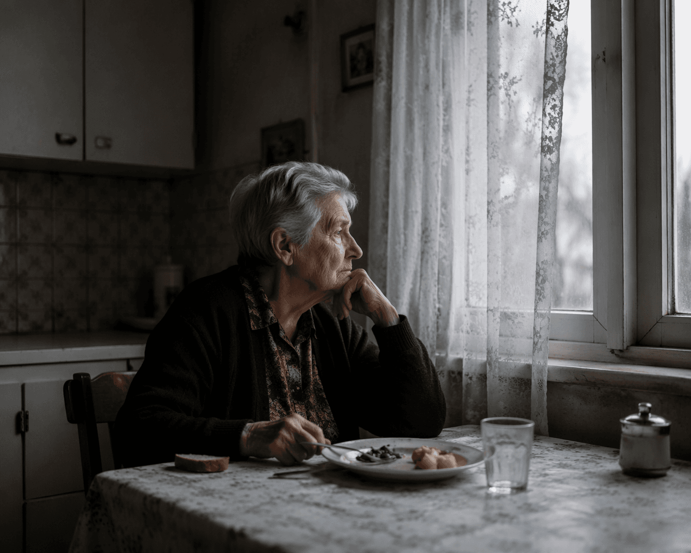 An elderly woman sits alone at a small kitchen table with a single plate and a half-eaten meal, looking out a window with a pensive, lonely expression.