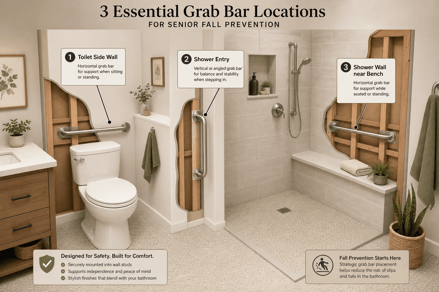 Editorial bathroom layout illustration showing three essential grab bar locations: a horizontal bar on the wall beside the toilet, a bar at the shower entry, and a bar on the shower wall near a built-in bench. Grab bars are brushed nickel, wall studs are visible through cutaway sections. Bathroom includes comfort-height toilet, curbless shower, and non-slip flooring.