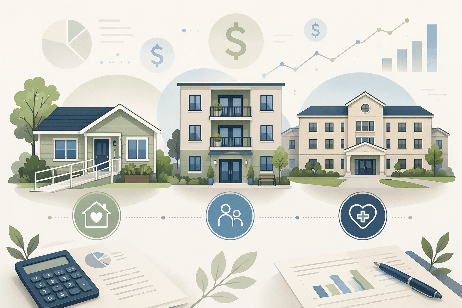 An editorial flat illustration showing three home icons arranged side by side: one single-family house with subtle accessibility features like a ramp, one small apartment building representing assisted living, and one larger facility building representing nursing home care. Soft blue and sage green tones, subtle financial document and chart elements float around the icons. The comparison layout helps readers visually compare three care cost options.