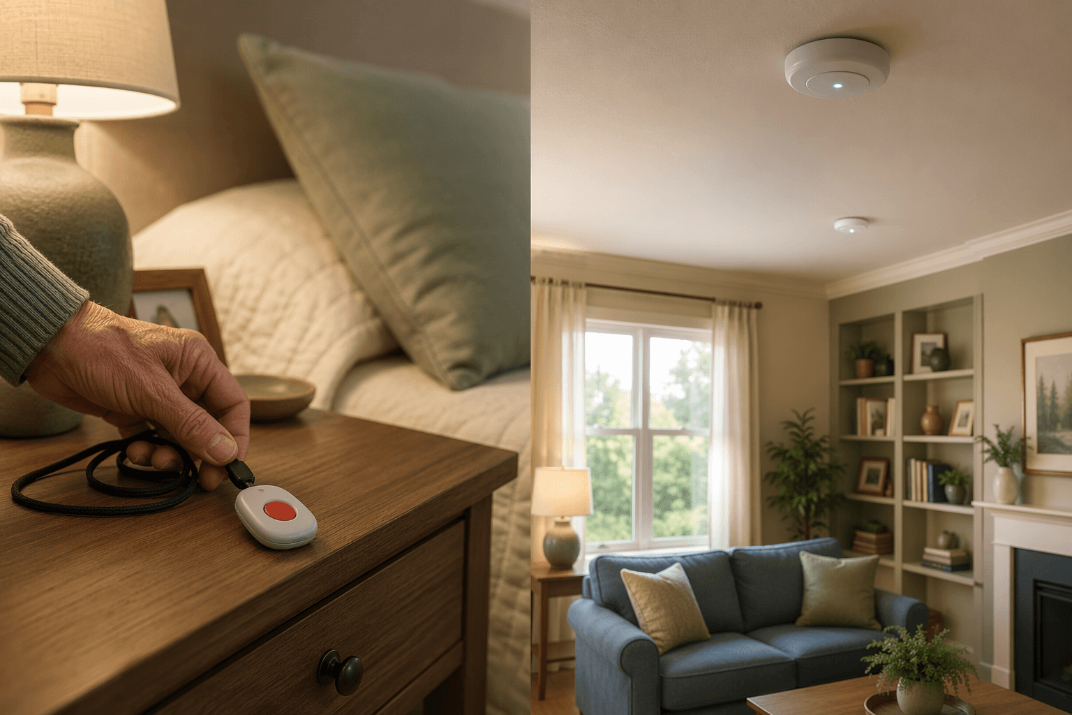 Split scene: a medical alert pendant left on a bedside table versus small ceiling sensors blending into a living room.