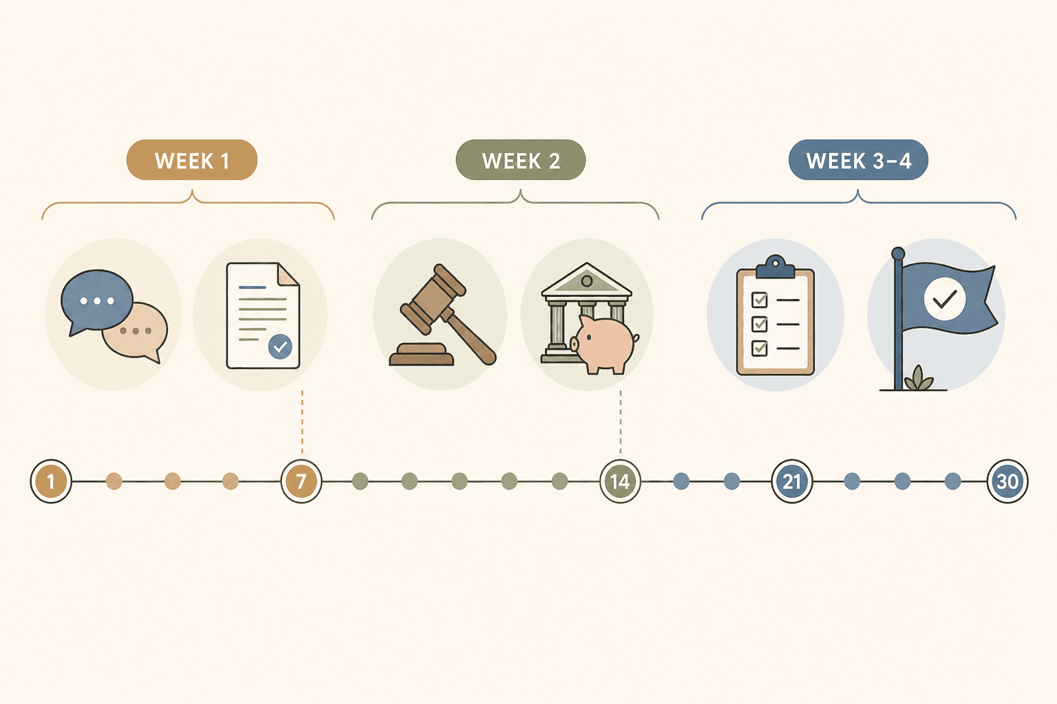 A clean editorial illustration showing a 30-day horizontal timeline divided into three segments — Week 1 with conversation and document icons, Week 2 with legal and financial icons, and Week 3-4 with a checklist and completion flag icon.