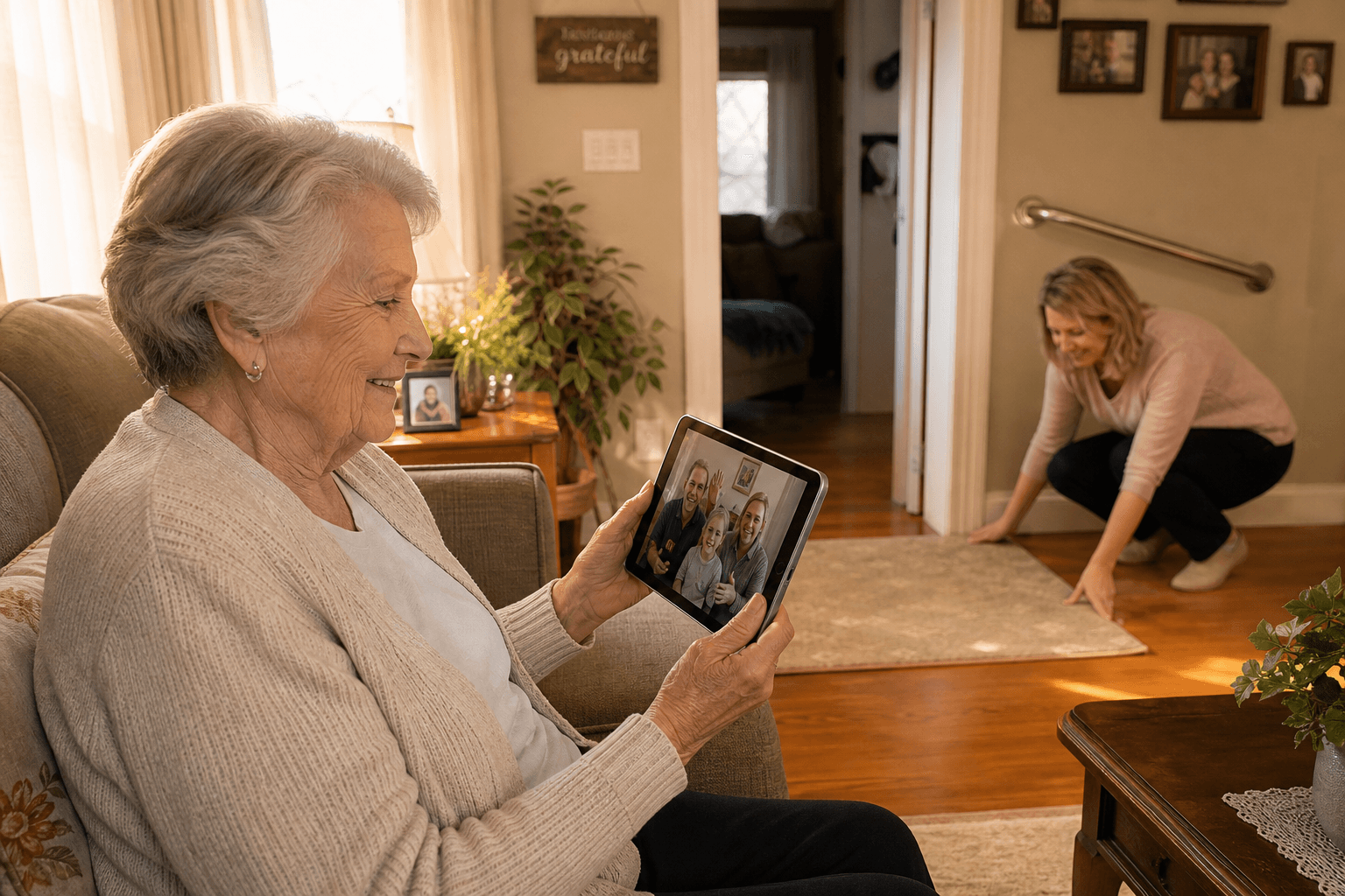 An older woman in a warm living room smiles at a tablet during a video call while a middle-aged woman adjusts a non-slip rug near a doorway with a visible grab bar.