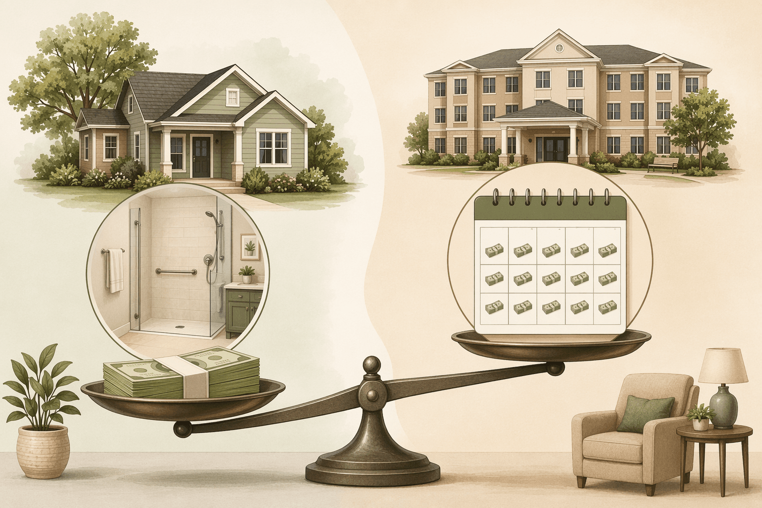 Editorial illustration comparing one-time remodel costs versus recurring assisted living costs.