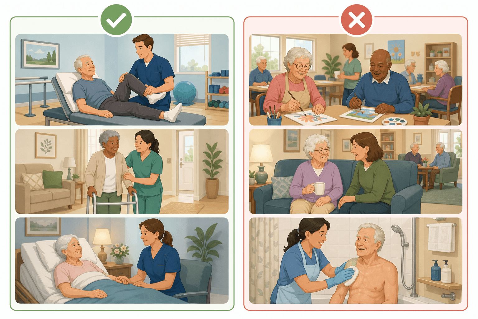 Split illustration showing covered Medicare services on the left with a green checkmark (rehab therapy, home health aide, hospice scene) and non-covered services on the right with a red X (adult day center, assisted living room, custodial care at home).