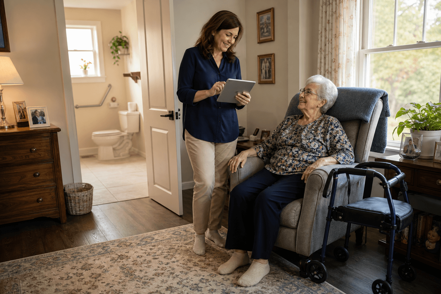 A warm, sunlit living room with an older adult seated comfortably in an armchair near a window, while an adult child in their 40s-50s stands beside them reviewing a tablet. In the background, a doorway shows a grab bar. Lever-style door handles and slip-resistant flooring are visible, with a walker resting nearby. The scene conveys calm, dignity, and family connection in a real home setting.