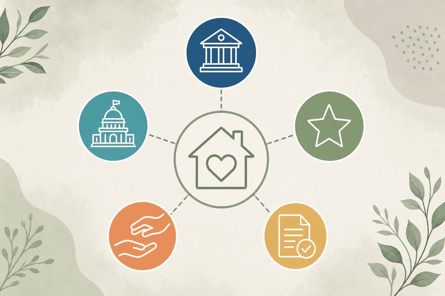 Radial network illustration showing a house and heart icon at the center connected by dashed lines to five circular nodes representing federal, state, veteran, nonprofit, and tax funding sources.