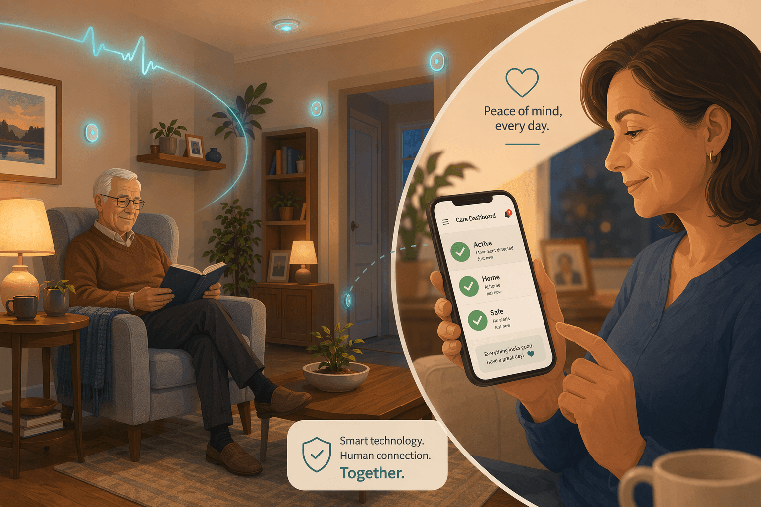 Split scene showing a senior reading in a living room with glowing sensor nodes on the left, and an adult child viewing a caregiver dashboard on a smartphone on the right.