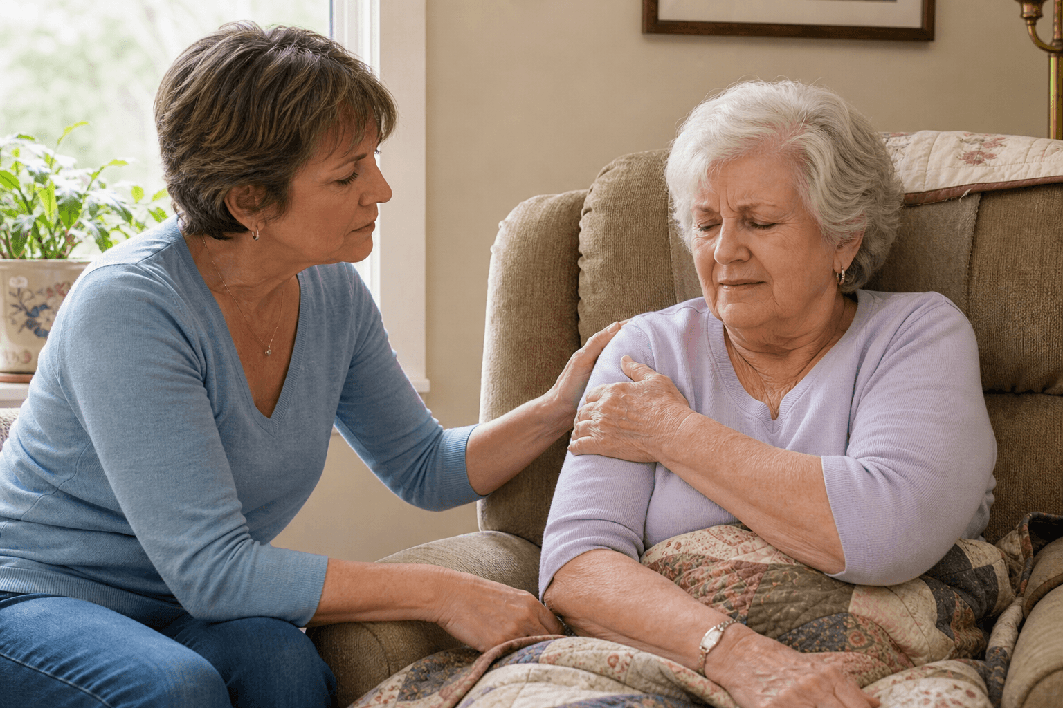 A family caregiver sits close to an older woman in a recliner, gently placing a hand on her shoulder while looking at her face and posture; the older woman has a slightly tight expression.