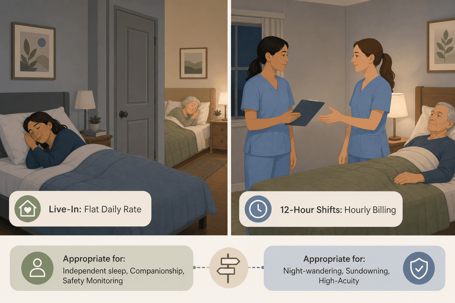 A flat vector split-illustration comparing two home care models. Left panel shows a live-in caregiver sleeping in a private room while a senior sleeps in an adjacent room, labeled 'Live-In: Flat Daily Rate.' Right panel shows two caregivers conducting a shift handoff at a senior's bedside at night, labeled '12-Hour Shifts: Hourly Billing.' Below both panels, a decision-flow bar indicates 'Appropriate for: Independent sleep, Companionship, Safety Monitoring' on the left and 'Appropriate for: Night-wandering, Sundowning, High-Acuity' on the right.