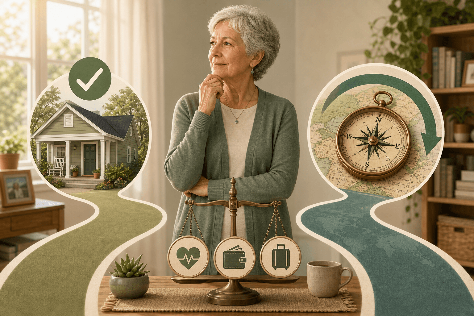 A warm editorial illustration shows a thoughtful senior standing between two visual paths: on the left, a home icon with a checkmark badge representing affordable Medicare Advantage; on the right, a compass with a broad arc representing nationwide Medigap freedom.