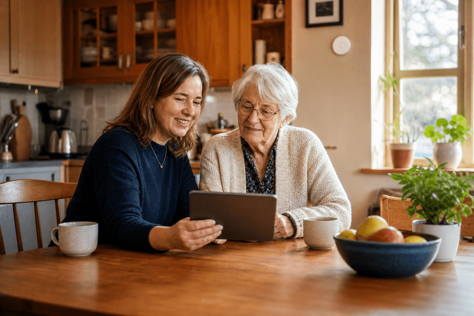 An adult child in their 40s sits beside an older parent at a wooden kitchen table, both looking calmly at a tablet together. A small white disc sensor is subtly visible on the kitchen wall in the background.