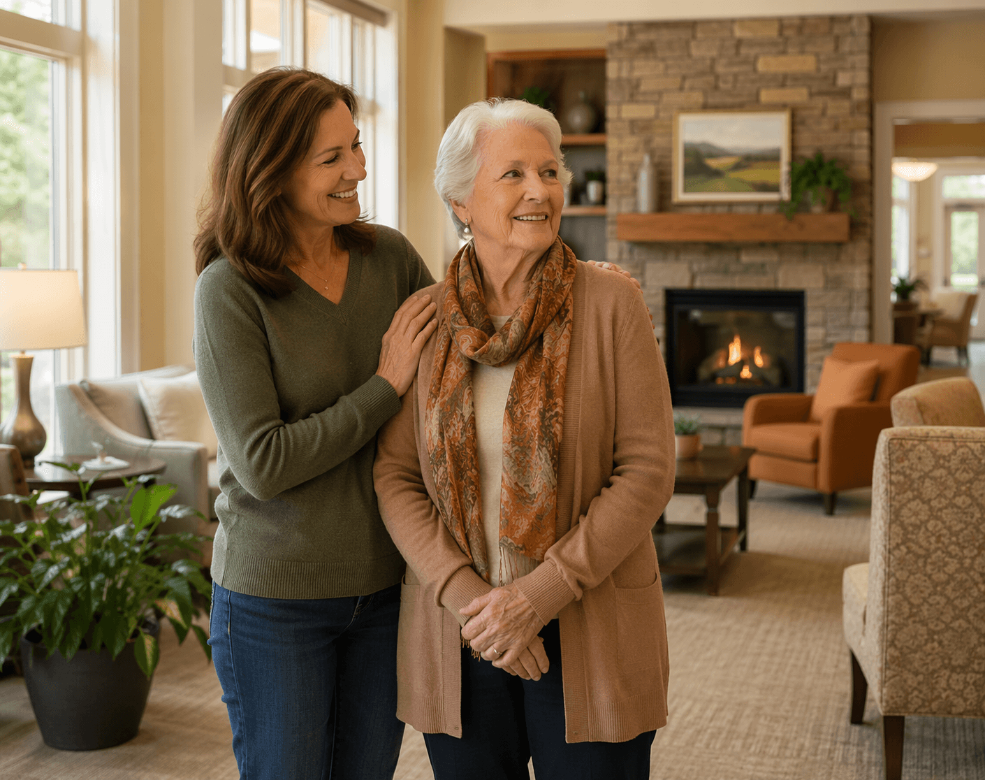 An adult child in their 40s-50s stands with a hand on their older parent's shoulder in a bright senior living common area with indoor plants, comfortable seating, and a fireplace, both looking around with quiet reassurance in warm earth-tone realistic illustration style.
