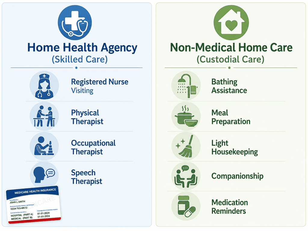 A two-section flat vector illustration: left section 'Home Health Agency (Skilled Care)' in cool blue with icons for a registered nurse, physical therapist, occupational therapist, and speech therapist plus a Medicare card icon; right section 'Non-Medical Home Care (Custodial Care)' in sage green with icons for bathing assistance, meal preparation, light housekeeping, companionship, and medication reminders.