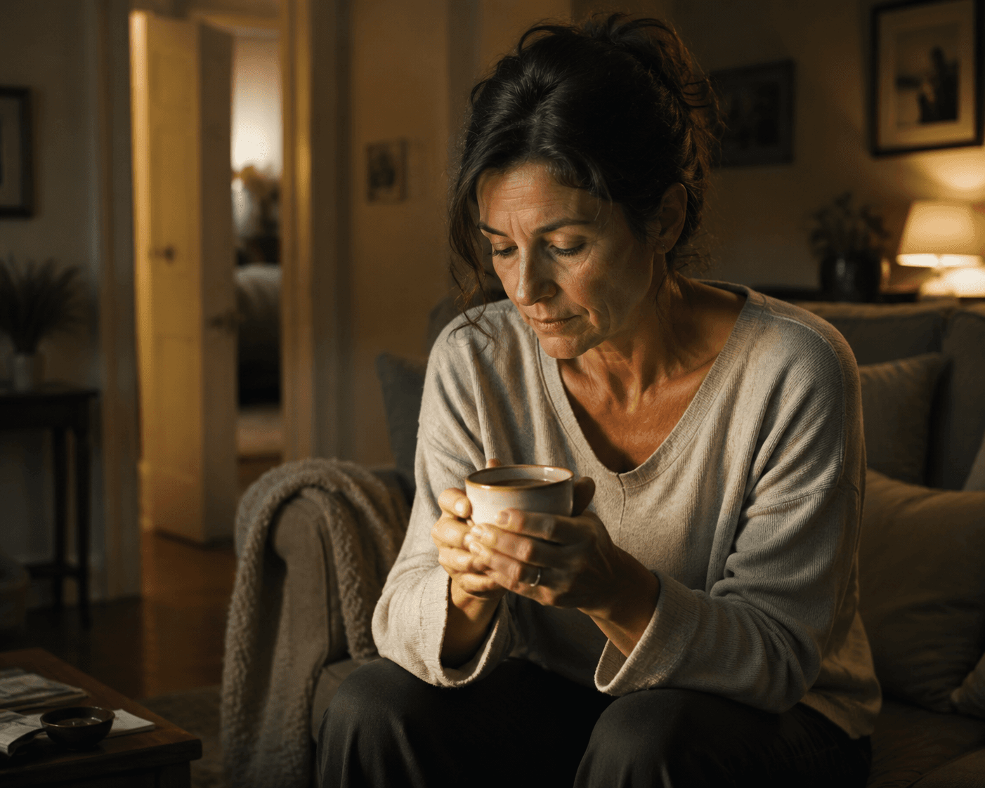 A middle-aged woman sitting quietly with a warm cup of tea in soft evening light