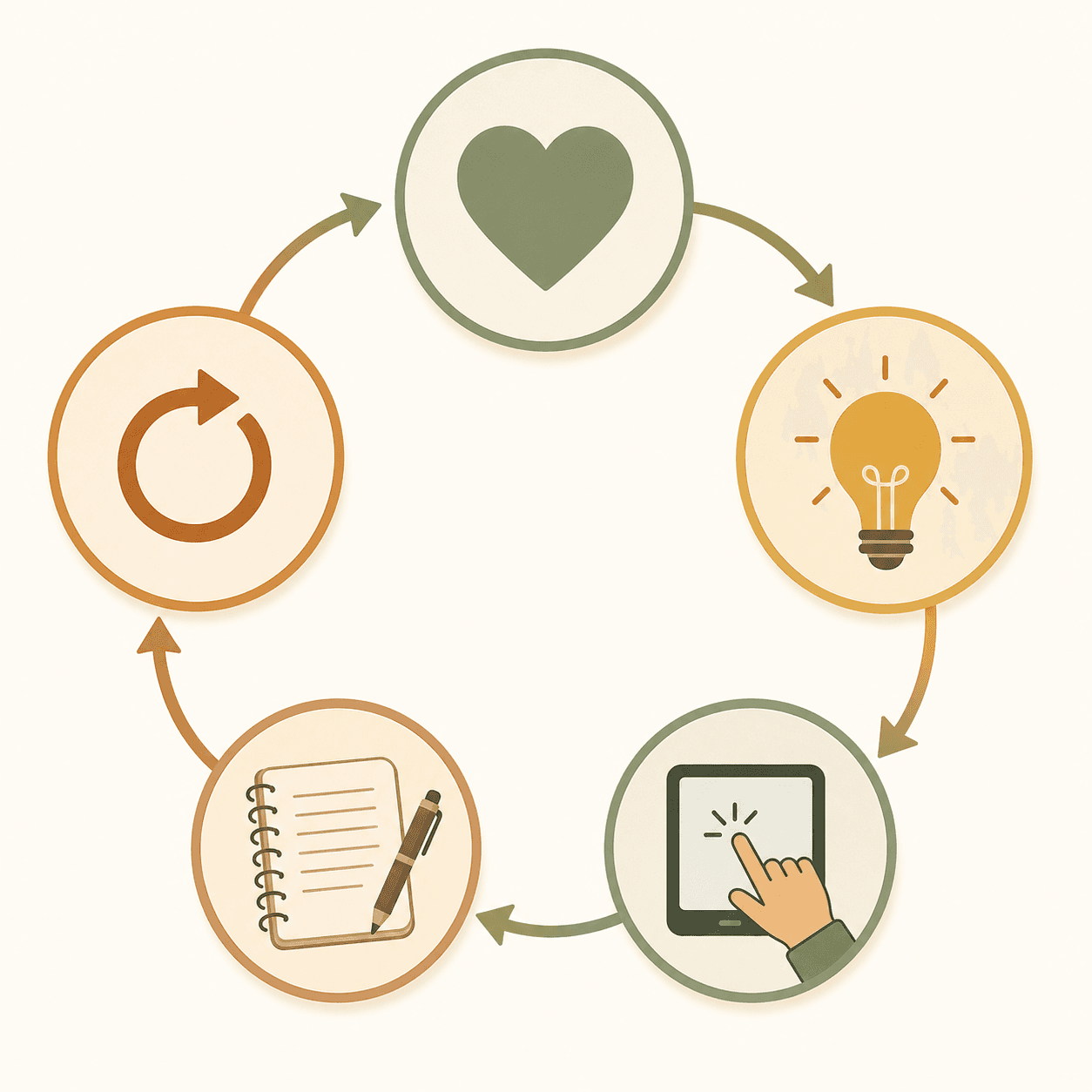 A clean flat-vector illustration showing five connected nodes in a gentle circular flow, each containing an icon representing a step in the teaching framework.