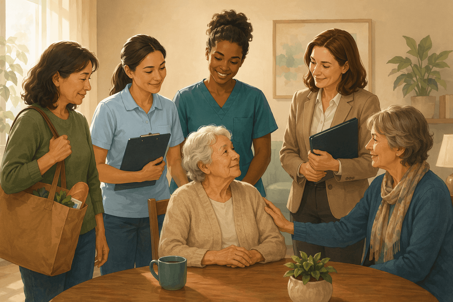 Elderly person seated at a table surrounded by different caregiver figures