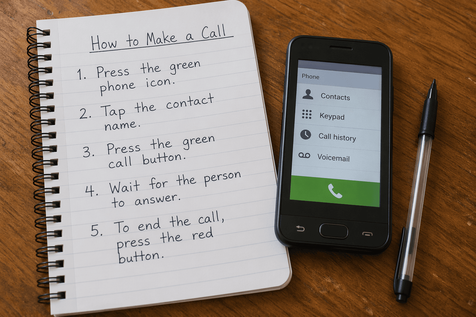 Notebook with handwritten smartphone instructions beside a phone and pen