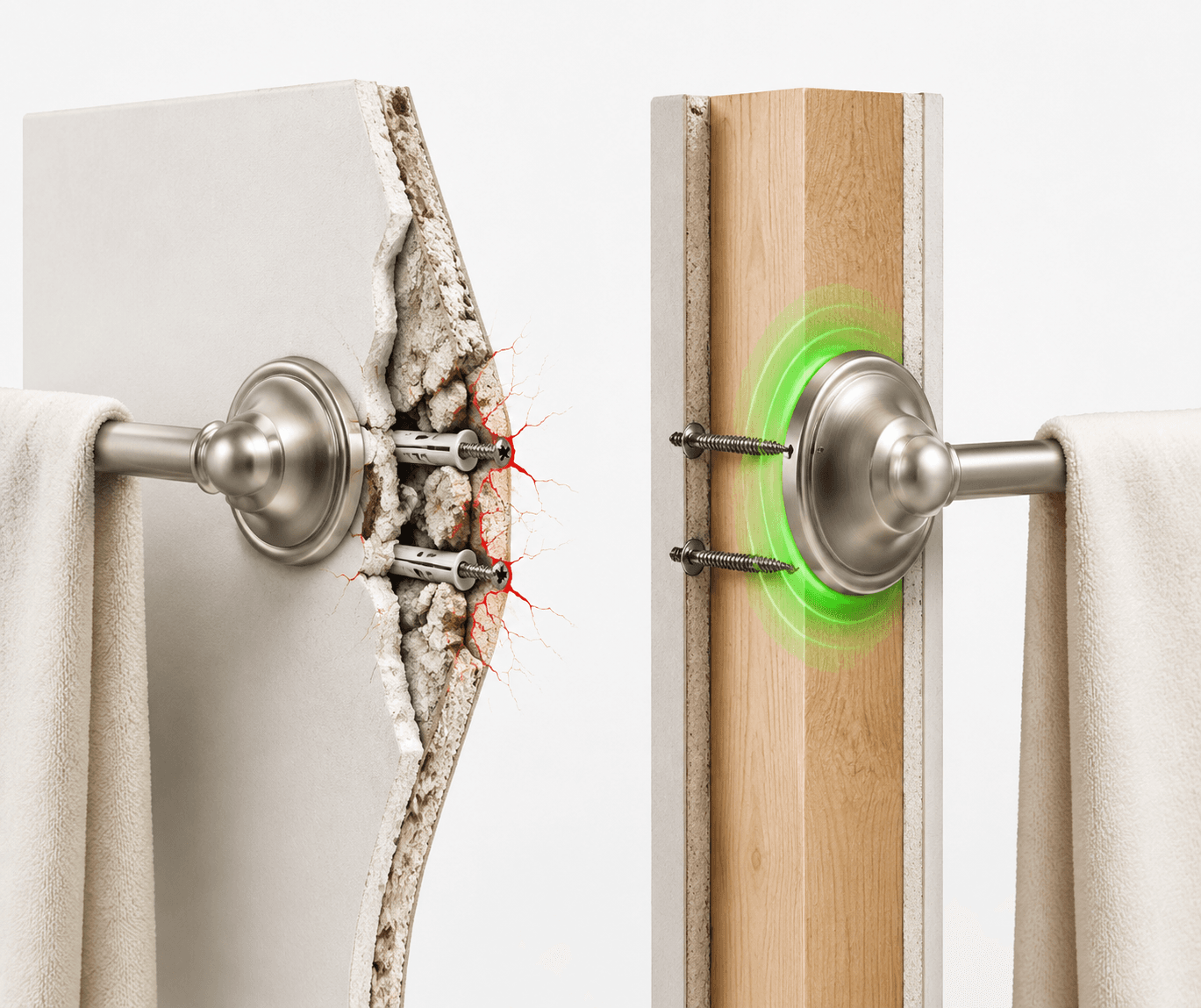 Comparison of a towel bar mounted in drywall versus a grab bar anchored into a wall stud
