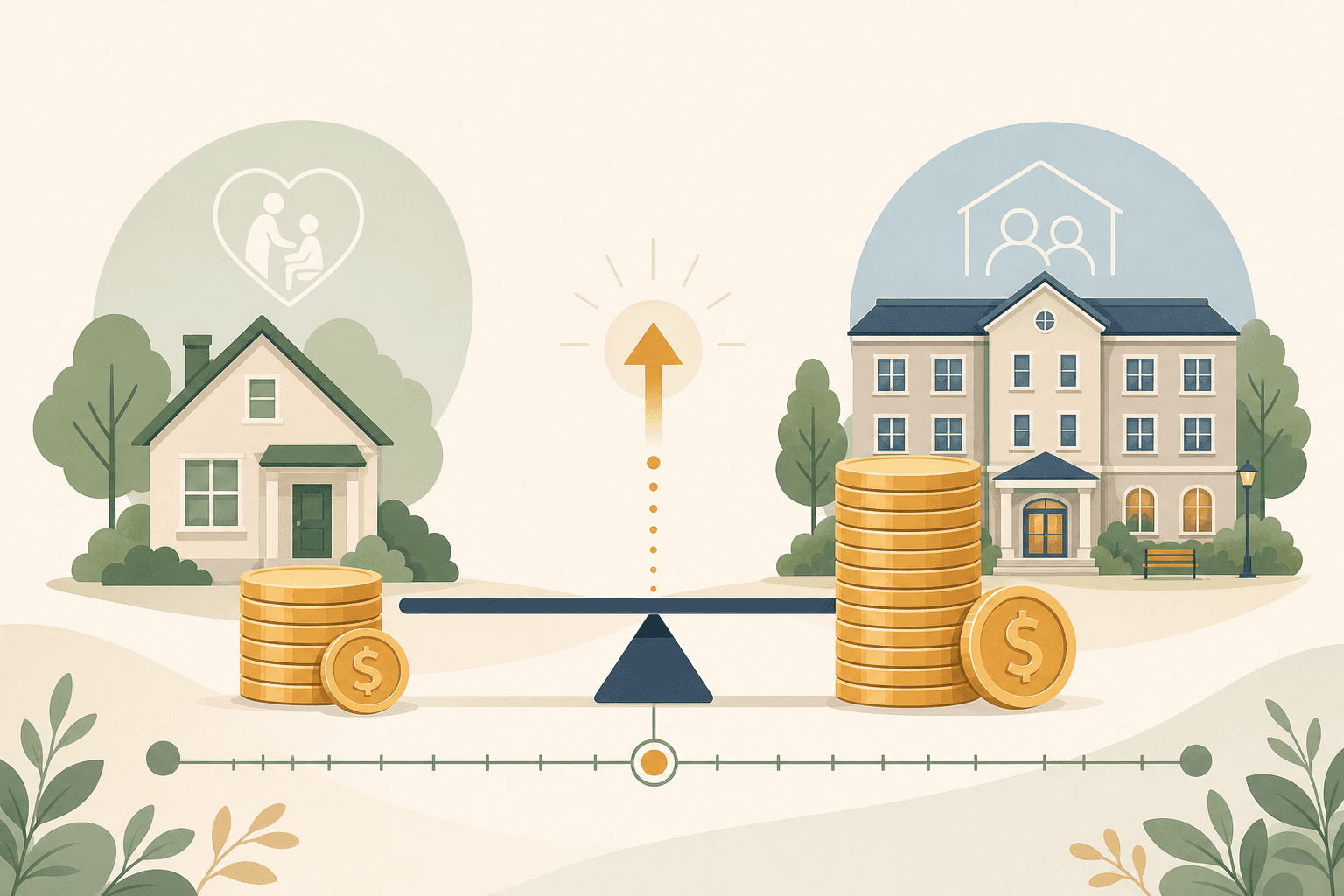 A flat vector illustration showing a cost crossover concept with a home icon and small coin stack on the left, a fulcrum or balance with an upward arrow in the center, and an assisted living building icon with a larger coin stack on the right, in soft warm colors.