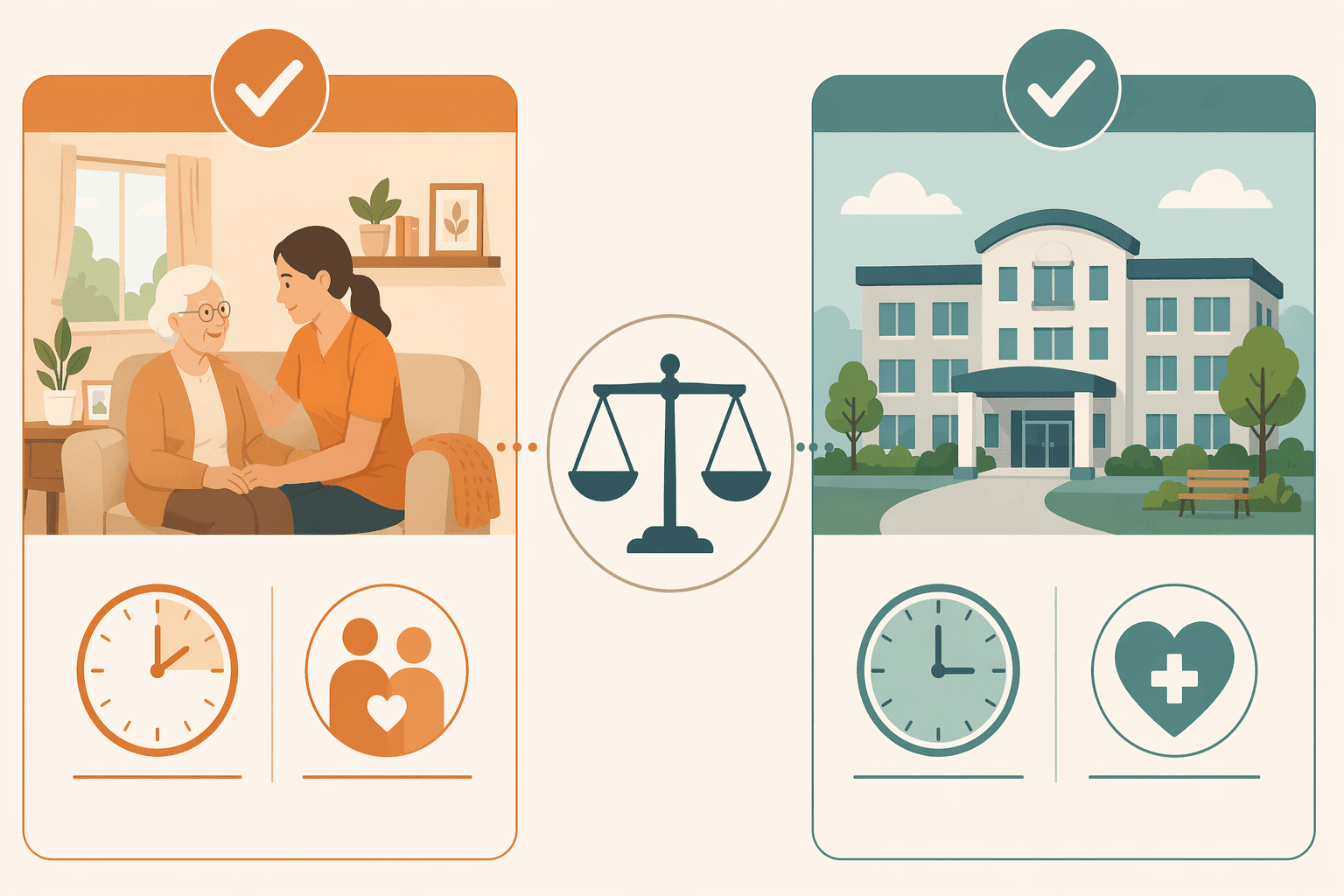 A two-column decision framework flat illustration comparing when home care wins financially vs. when assisted living does.