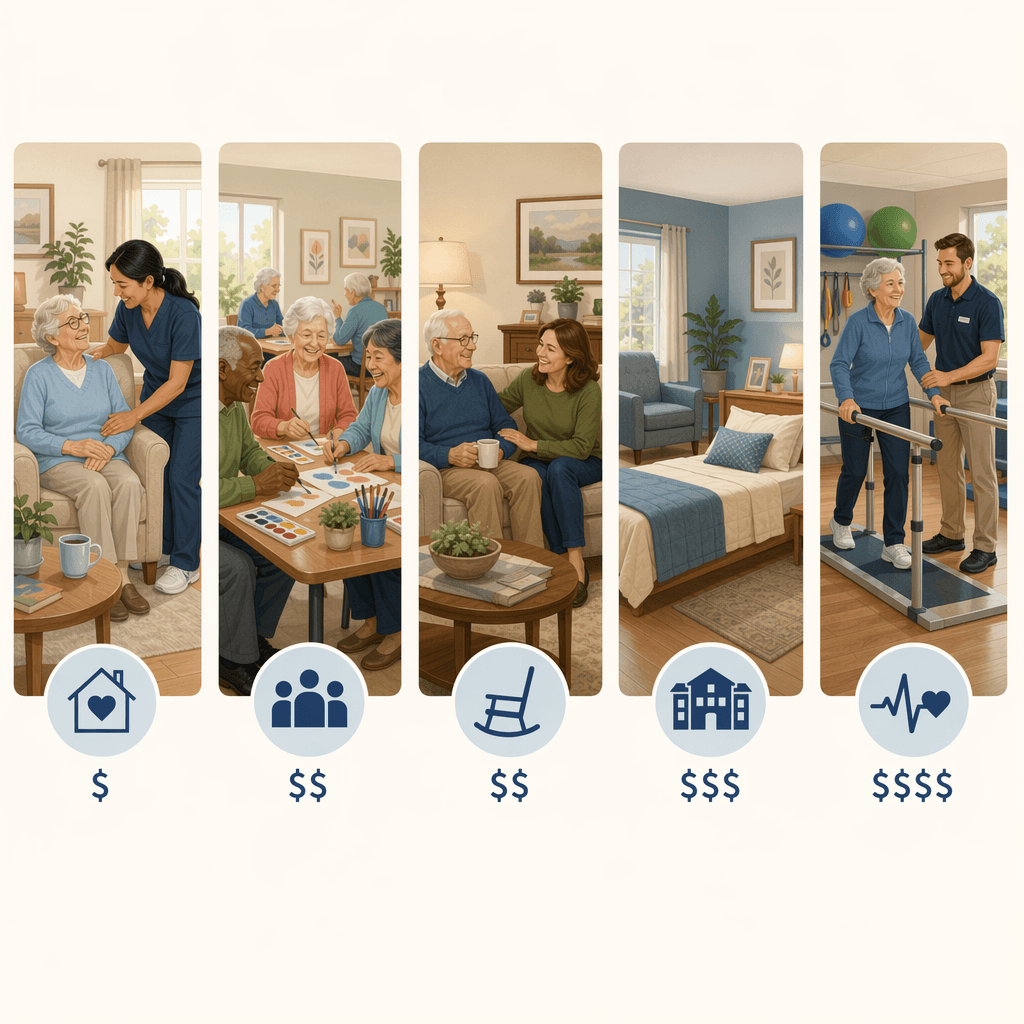 A flat-lay illustration of five short-term care options with cost indicators ranging from $ to $$$$.