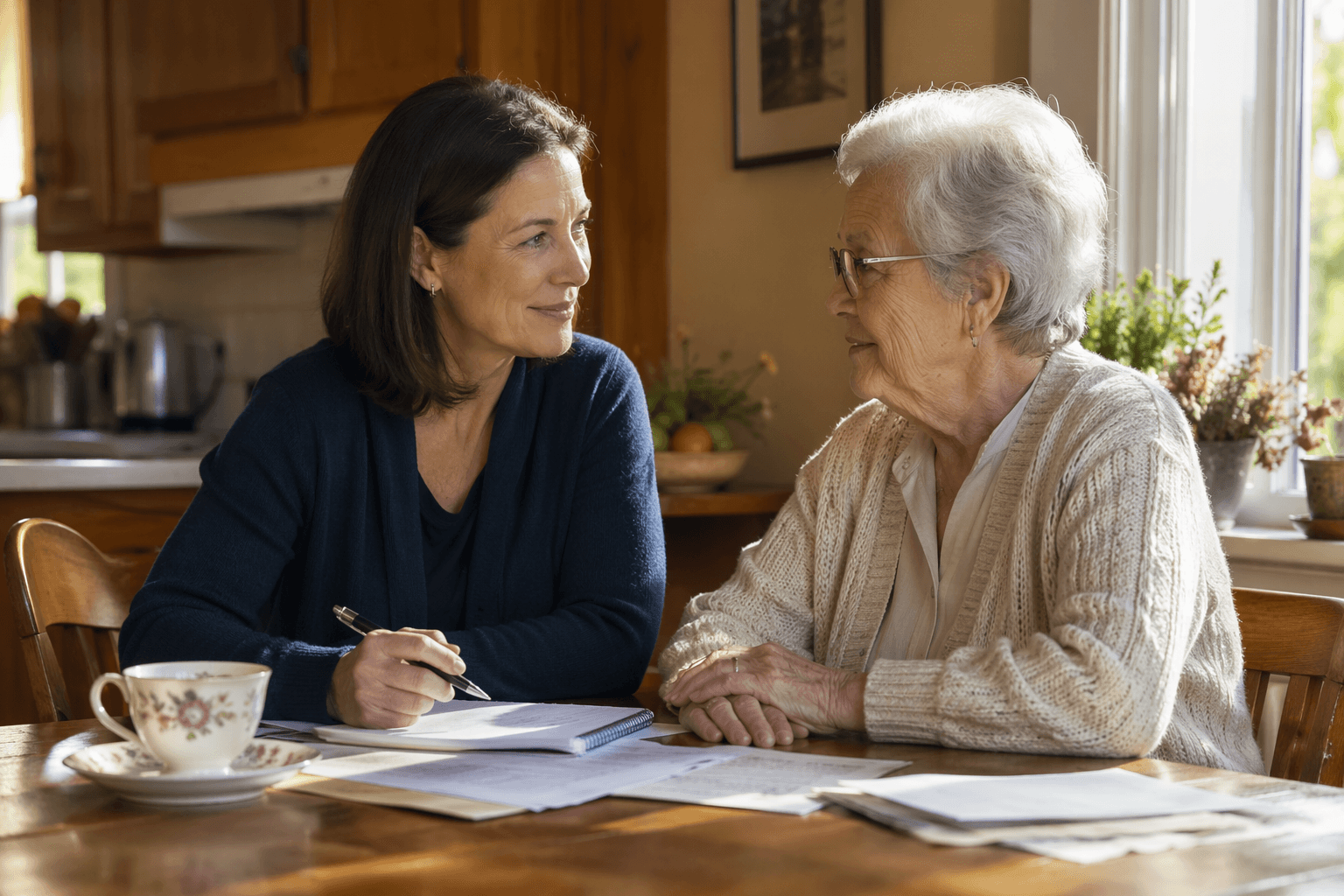 An adult child and their aging parent sit together at a sunlit kitchen table with papers and a teacup between them, having a calm conversation about care planning.