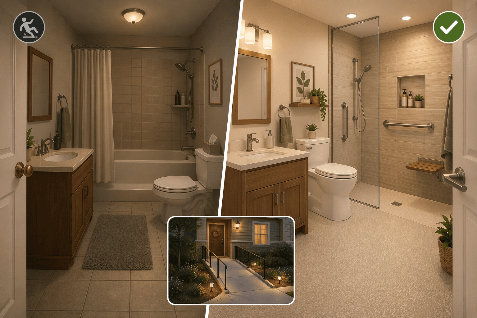A split-view editorial illustration of a home bathroom. Left side shows a conventional bathroom with a high-step bathtub, round doorknobs, standard toilet, and throw rug with subtle hazard icons. Right side shows the same bathroom remodeled with a curbless walk-in shower, grab bars near toilet and shower, a lever faucet, raised toilet, non-slip flooring, and a fold-down shower seat with safety checkmark icons and warm ambient lighting. A small inset shows an exterior entry ramp and well-lit walkway. Warm earth-tone line art.