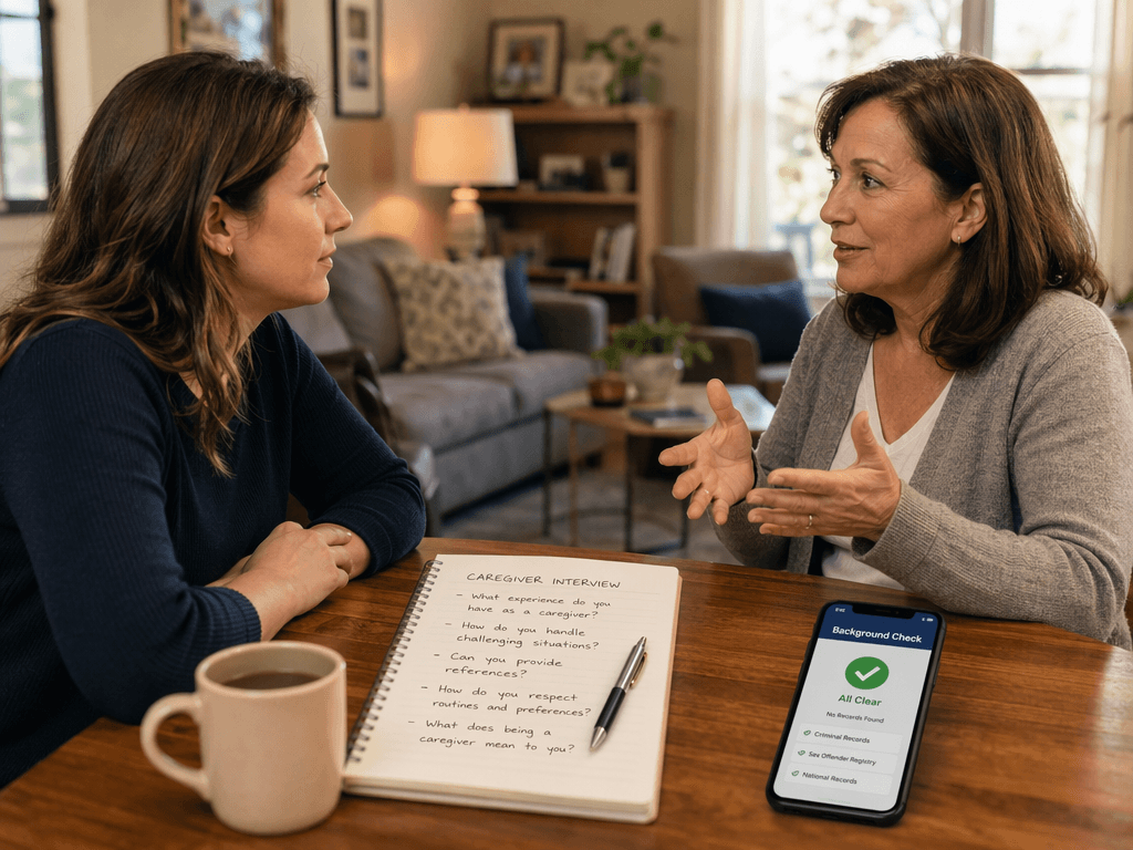 An adult daughter interviews a caregiver candidate at a home dining table, with a notebook and a smartphone displaying a background check app visible.