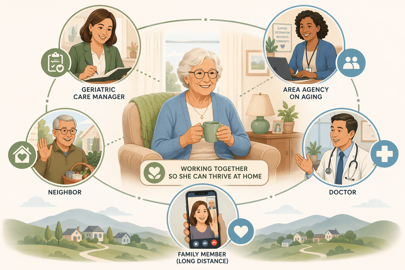A central elderly person at home surrounded by connected icons representing a local care team: a geriatric care manager, an Area Agency on Aging representative, a neighbor, a doctor, and a family member on a phone screen.