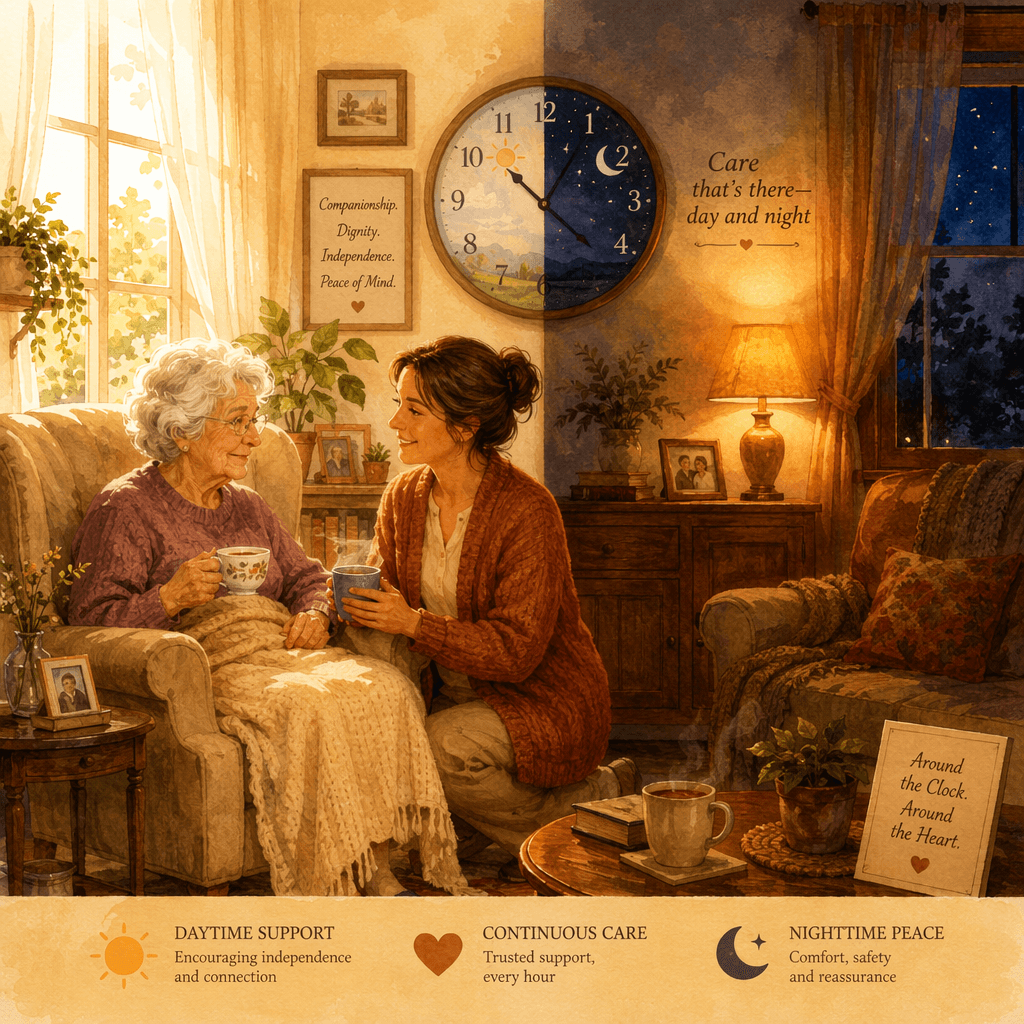A warm watercolor-style illustration of a home living room in split-scene composition showing an elderly woman with a caregiver during the day and a clock indicating nighttime coverage.