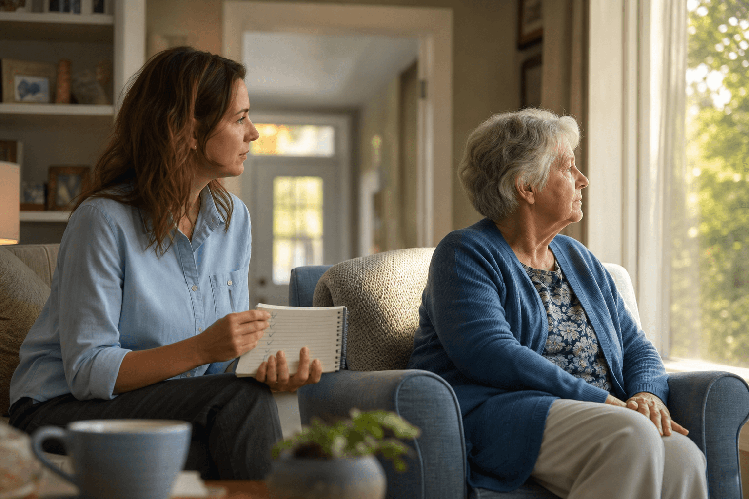 An adult child sits beside an elderly parent with dementia in a sunlit living room, holding a notebook with checkmarks.