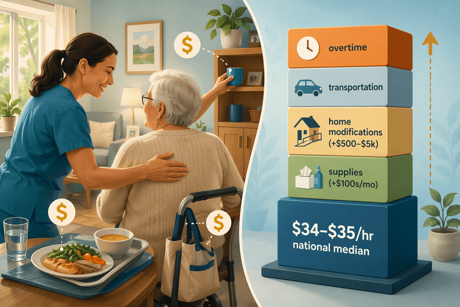 Split editorial illustration showing a warm home interior with a caregiver assisting an older adult on the left, and a stacked column chart breaking down hidden costs on the right.