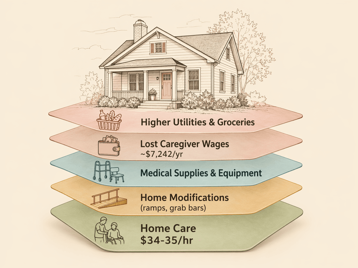 An editorial illustration showing a house at the center with translucent colored layers stacking around it, each labeled with a different hidden cost of home care.