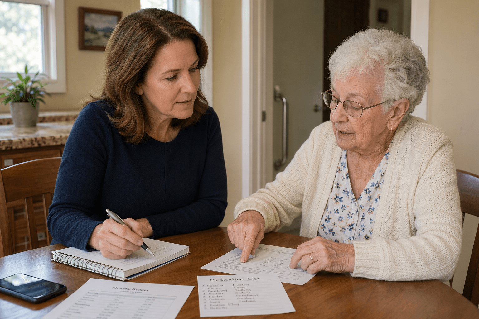 Adult daughter in her 40s sitting at a kitchen table with her elderly mother, papers including a medication list and budget sheet spread between them, natural daylight, warm earth tones, a grab bar visible near a doorway in the background, both engaged in a collaborative discussion