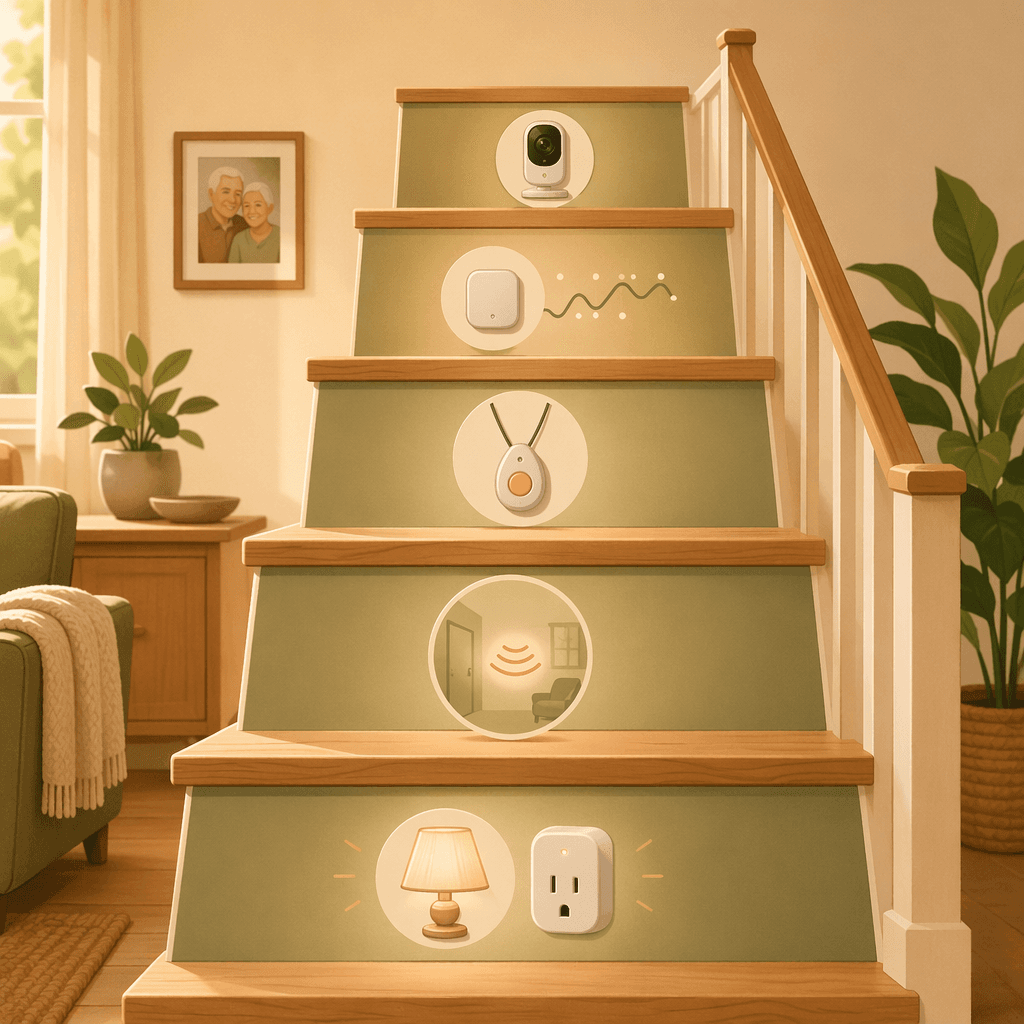 A warm-toned editorial illustration of an ascending ladder with five steps showing progressively more involved monitoring technology, from smart plugs to cameras.
