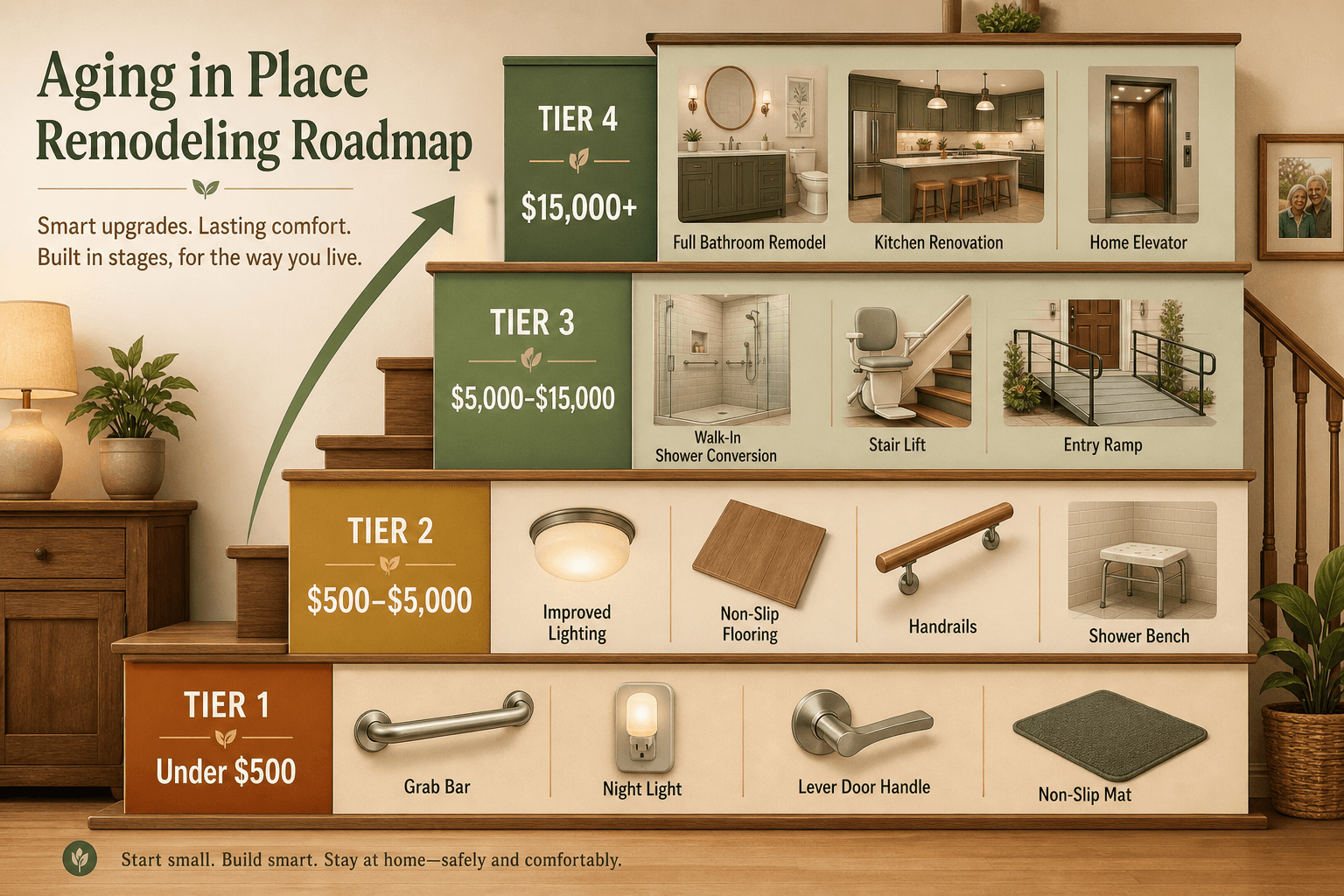 Infographic showing a four-tier ascending staircase for aging-in-place remodeling. Tier 1 (Under $500) at the bottom, through Tier 4 ($15,000+) at the top, with icons for each modification type.