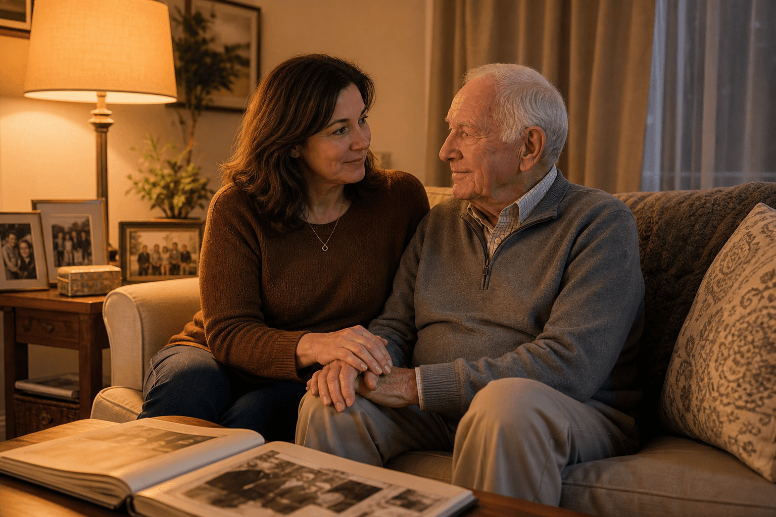 A woman in her late 40s sits calmly beside an elderly man on a sofa in a softly lit living room during early evening, holding his hand gently with a warm amber lamp glowing beside them.