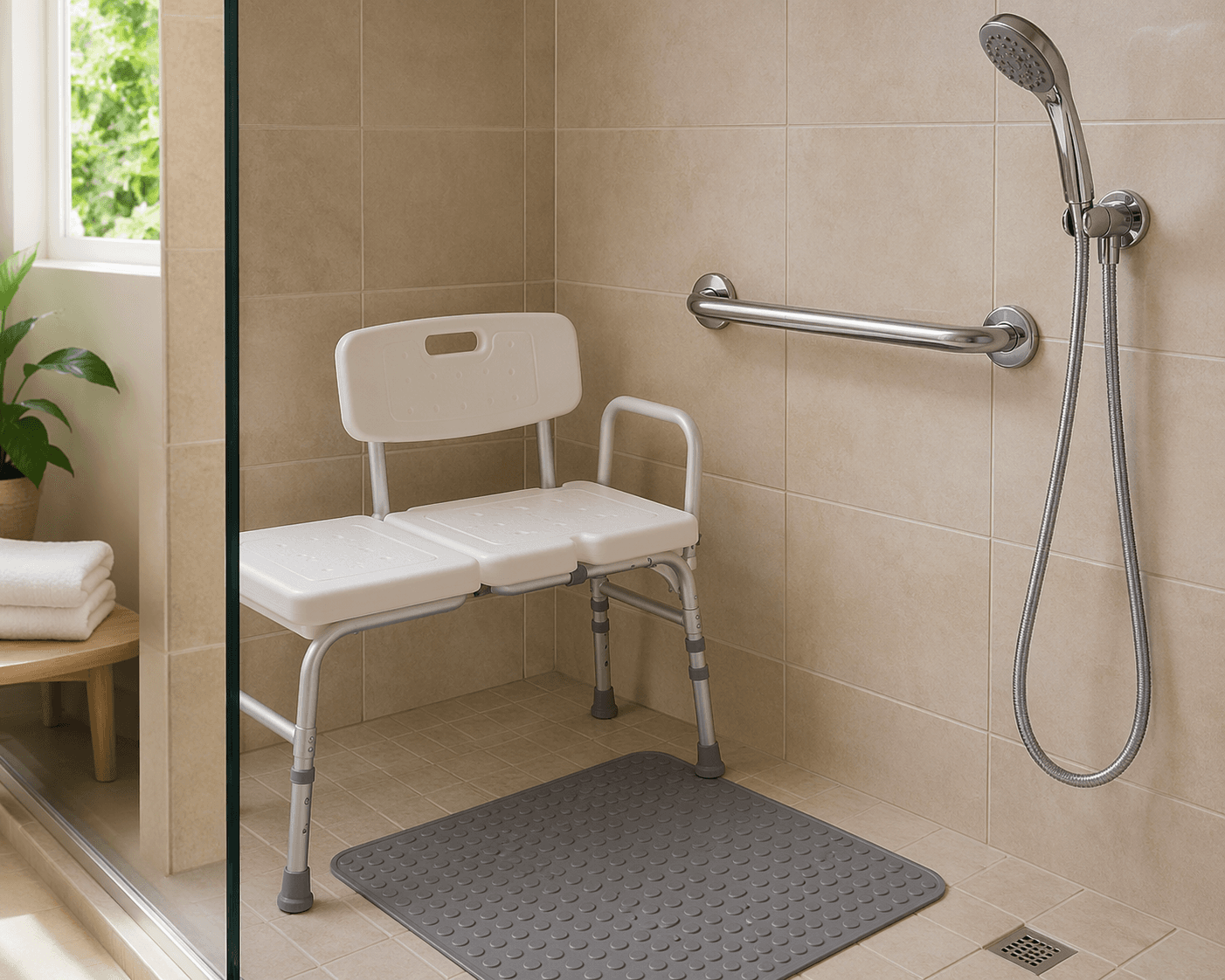 A clean bathroom shower scene with a white shower chair placed inside a tiled shower, a chrome grab bar mounted on the wall beside it, a handheld showerhead with chrome hose hanging from a wall dock, and a textured gray non-slip mat on the floor. No people present. Editorial product-scene style with warm natural lighting.