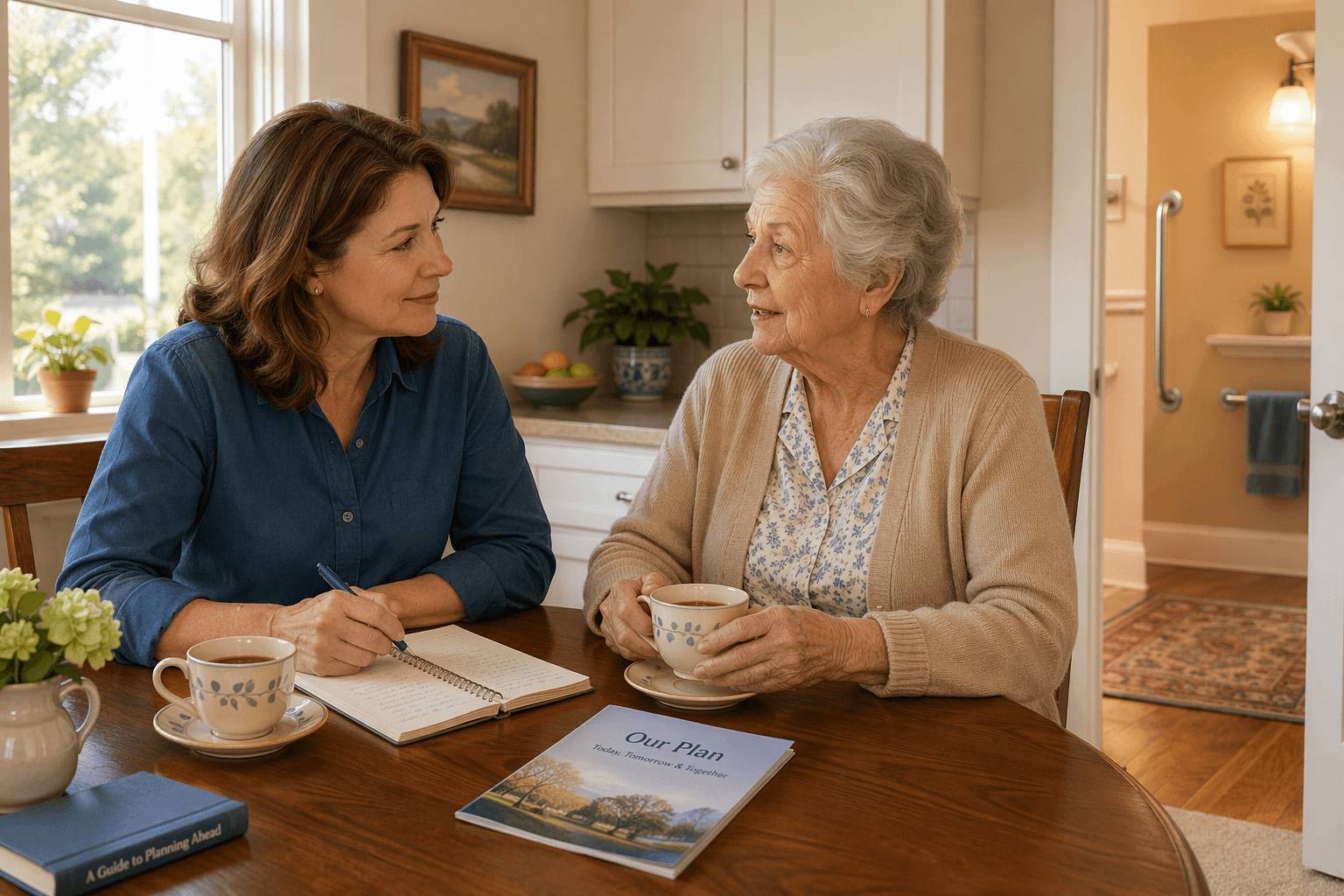 An adult daughter and her elderly mother sitting at a kitchen table with teacups, engaged in a calm conversation. The daughter holds a notebook and pen, suggesting planning and collaboration.