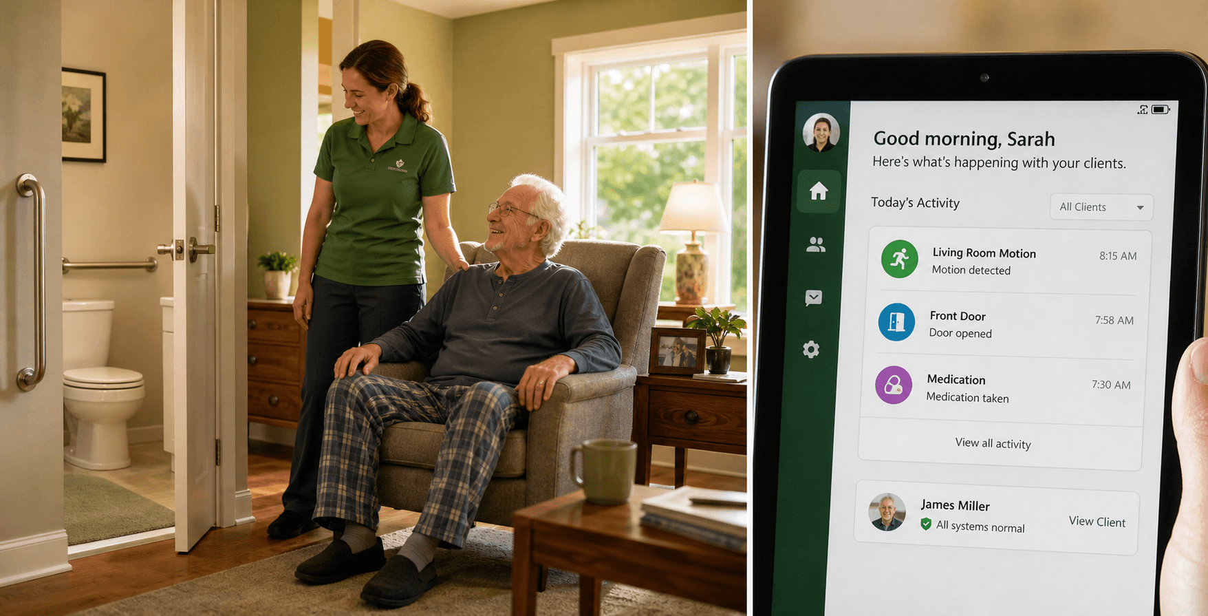 Split-composition photograph showing a warm living room on the left with an older adult seated in natural daylight, a family caregiver nearby, and visible safety features including a grab bar near a bathroom doorway and a lever-style door handle. On the right, a tablet screen displays a caregiver monitoring dashboard with sensor activity icons.