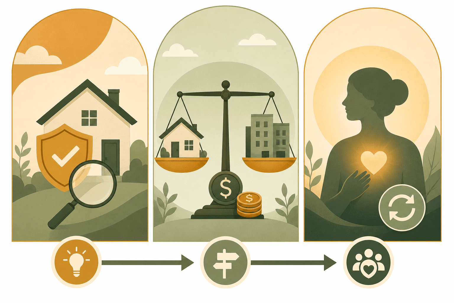 An editorial illustration with three connected panels: a home with a shield icon (safety), a scale balancing home and facility icons with dollar signs (cost), and a silhouette with a glowing heart and recharge symbol (caregiver capacity).