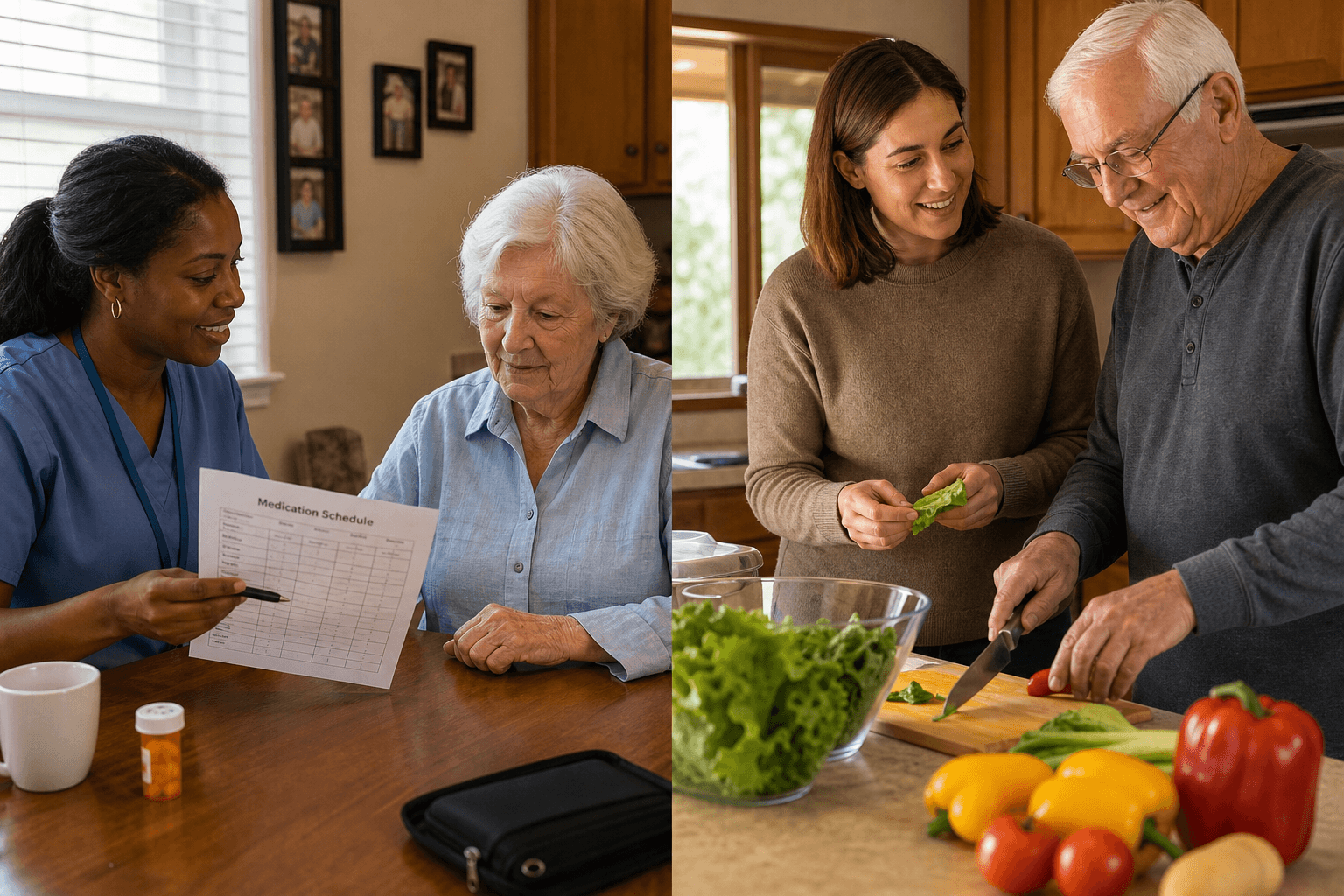 Split-composition photograph showing a home health aide reviewing a medication chart with an elderly woman on the left, and a companion caregiver helping an elderly man prepare vegetables on the right.