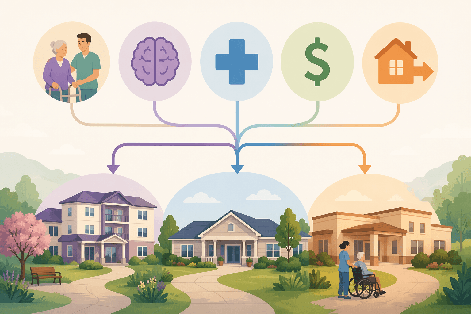 Decision framework with icons for daily care needs, cognition, medical needs, budget, and tolerance for moving again