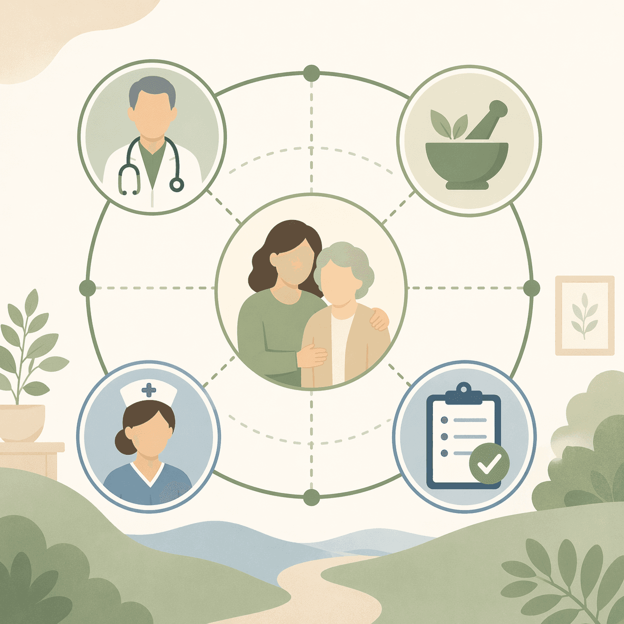 A flat illustration of a care coordination team framework. A family caregiver icon sits in the center, surrounded by connected icons for a geriatrician, pharmacist, home health nurse, and care coordinator. Soft curved lines connect all roles.