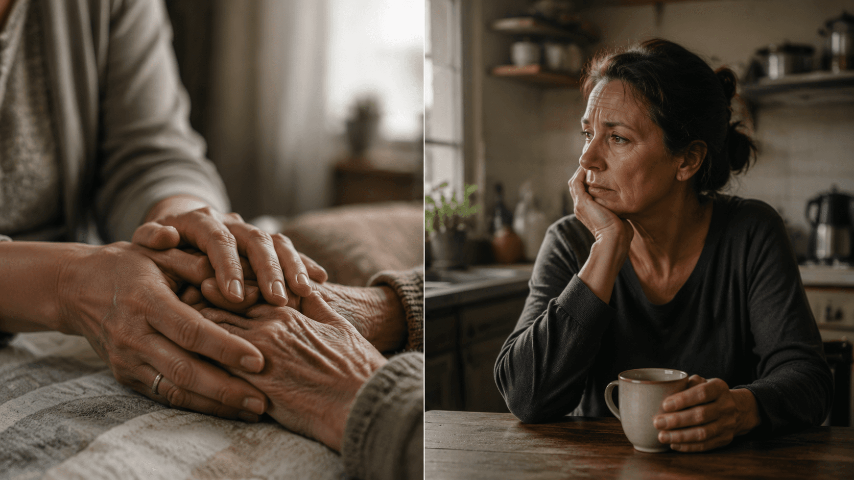 A caregiver holding an older adult's hands, contrasted with the same caregiver sitting alone at a kitchen table