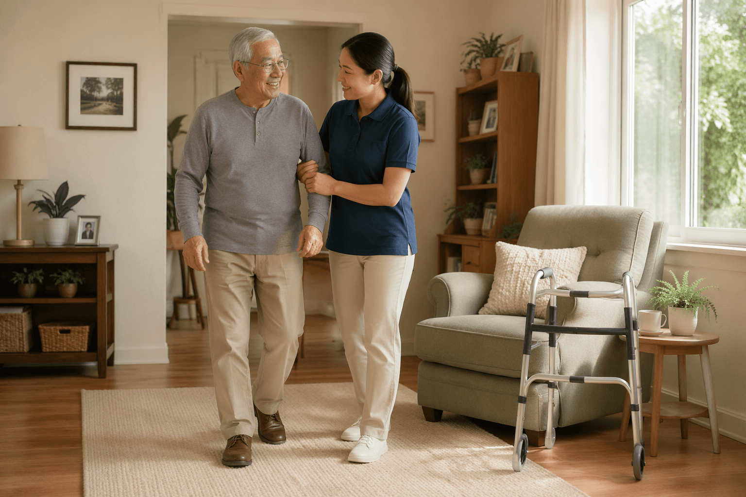 An older adult walking with a walker while a caregiver gently supports their arm in a bright, cozy living room.