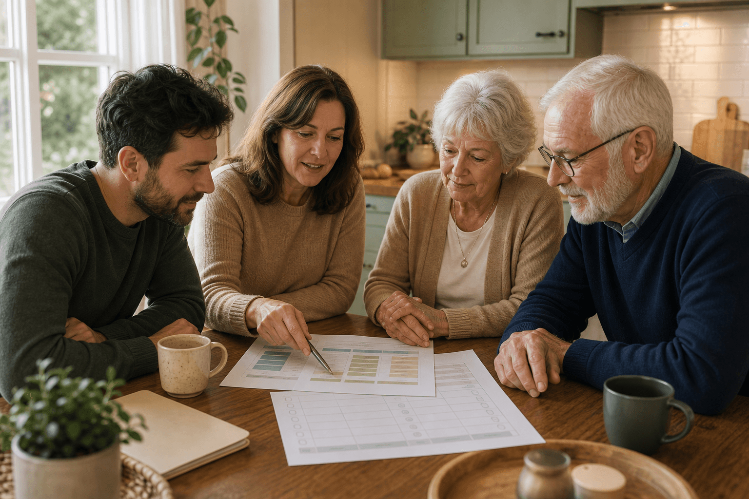 A multi-generational family seated around a sunlit kitchen table reviewing care options papers together.