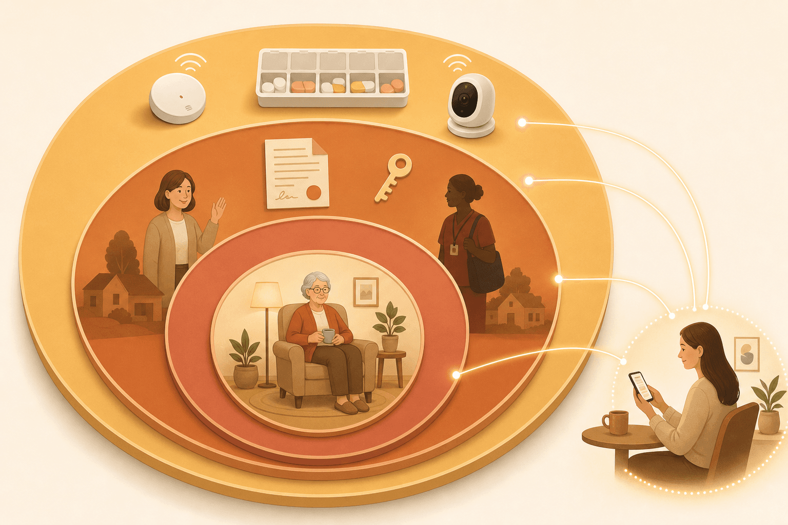 A flat editorial illustration showing a layered concentric care system with remote monitoring technology in the outer ring, community support figures and legal-financial documents in the middle rings, and an elderly figure at the center — connected to a distant adult silhouette by glowing lines.