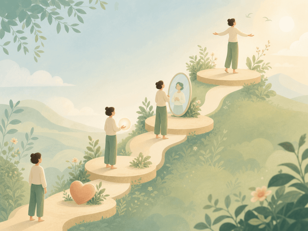Four gentle rounded steps connected by paths, with a small figure at the bottom starting the journey and the same figure at the top standing with an open, peaceful posture.