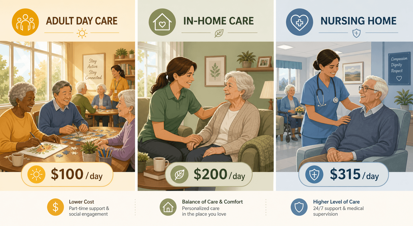 Three-panel editorial comparison illustration showing adult day care (amber tone, ~$100/day), in-home care (sage green, ~$200/day), and nursing home (soft blue, ~$315/day), each with a representative care scene.